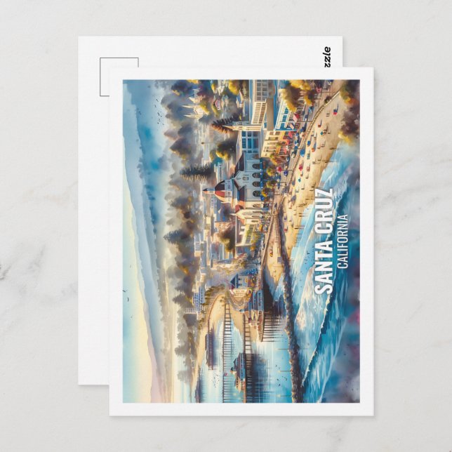 Postal acuarela de Santa Cruz California Estados Unidos (Anverso / Reverso)