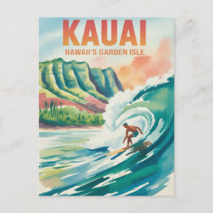 Postal acuarela de surf de Kauai