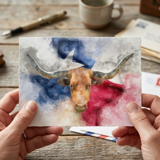 Postal Acuarela de Texas Longhorn con mapa artístico de b (Texas Longhorn Watercolor with Flag Map Art. Postcard )
