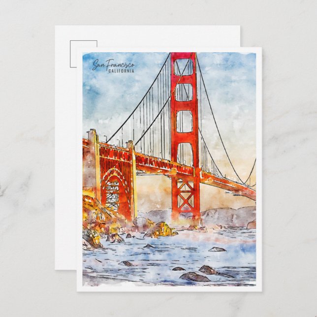 Postal acuarela de viaje de San Francisco California (Anverso / Reverso)