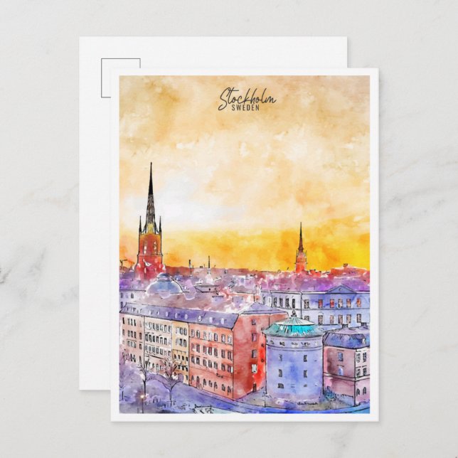 Postal acuarela de viaje vintage de Estocolmo Suecia (Anverso / Reverso)