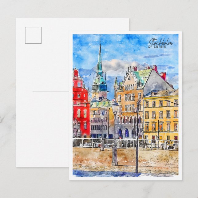 Postal acuarela de viaje vintage de Estocolmo Suecia (Anverso / Reverso)