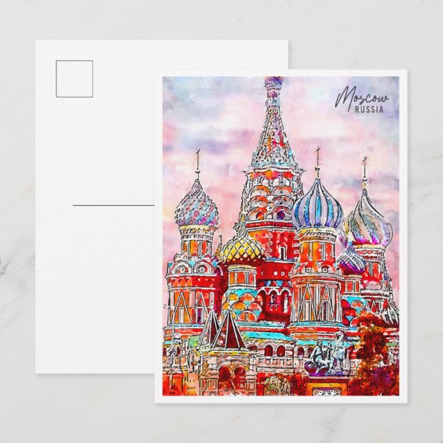 Postal acuarela de viaje vintage de Moscú Rusia (Anverso / Reverso)