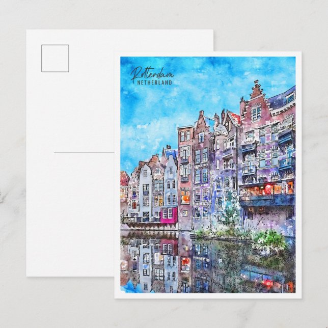 Postal acuarela de viaje vintage de Rotterdam (Anverso / Reverso)