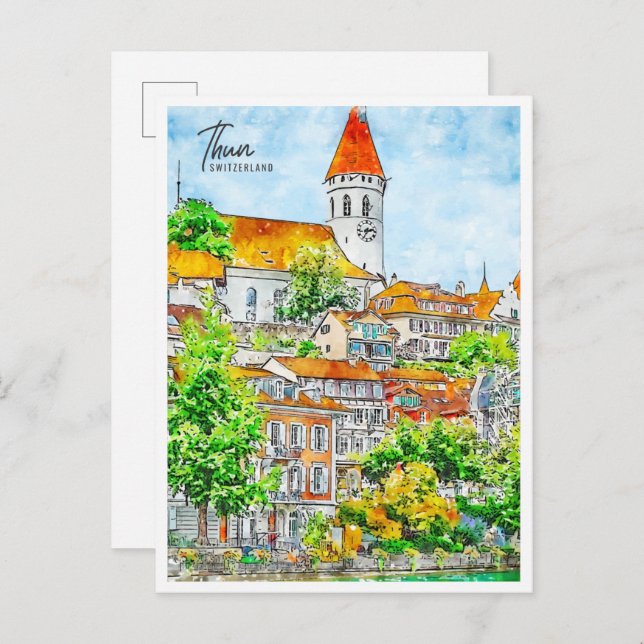 Postal acuarela de viaje vintage de Thun Suiza (Anverso / Reverso)