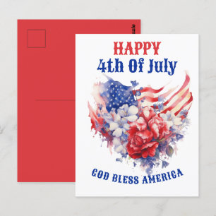 Postal Acuarela del 4 de julio azul rojo blanco