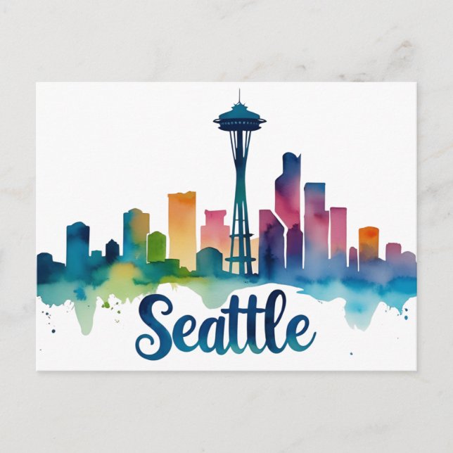 Postal Acuarela del horizonte de la ciudad de Seattle (Anverso)