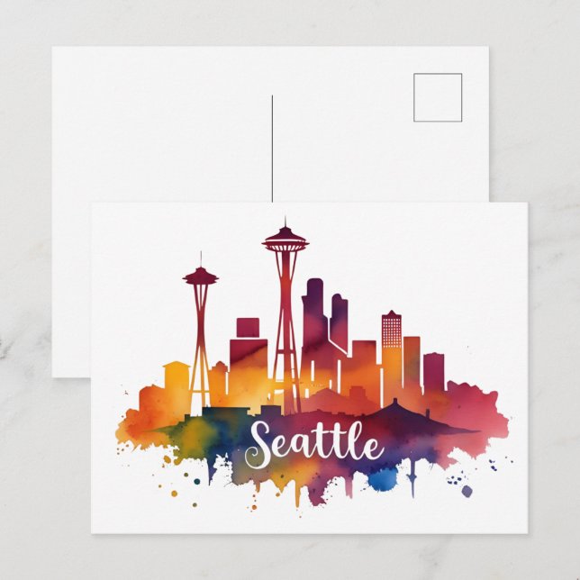 Postal Acuarela del horizonte de la ciudad de Seattle (Anverso / Reverso)
