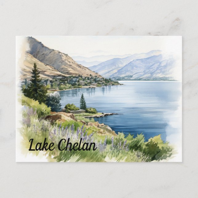 Postal Acuarela del lago Chelan Washington (Anverso)