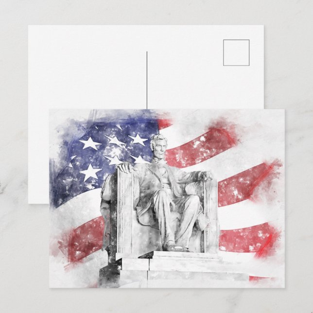 Postal acuarela del Monumento a Lincoln con bandera estad (Anverso / Reverso)