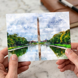 Postal Acuarela del Monumento a Washington con reflejo