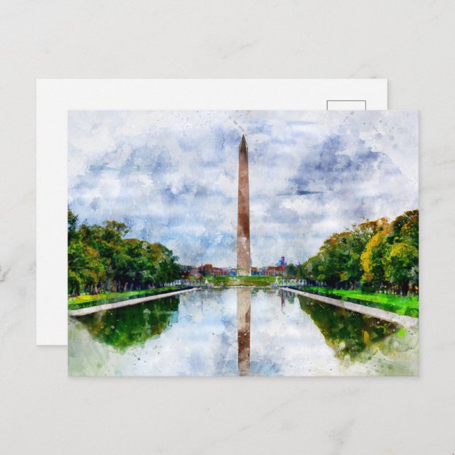 Postal Acuarela del Monumento a Washington con reflejo (Anverso / Reverso)