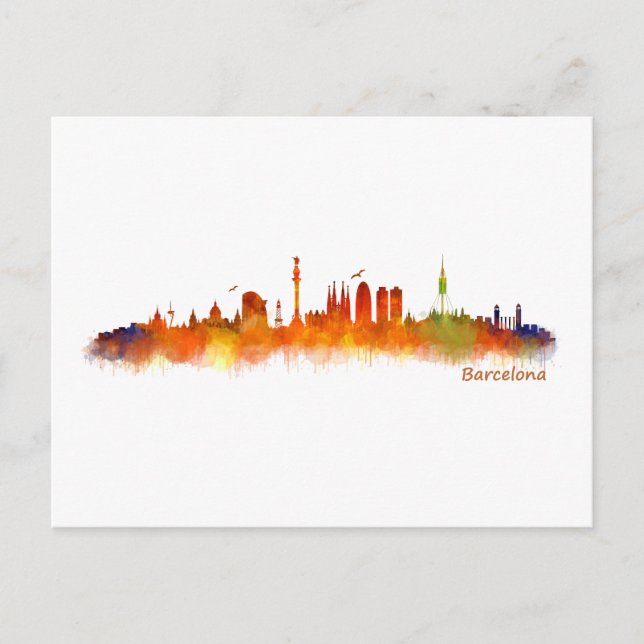Postal acuarela del Skyline de Barcelona v02 (Anverso)