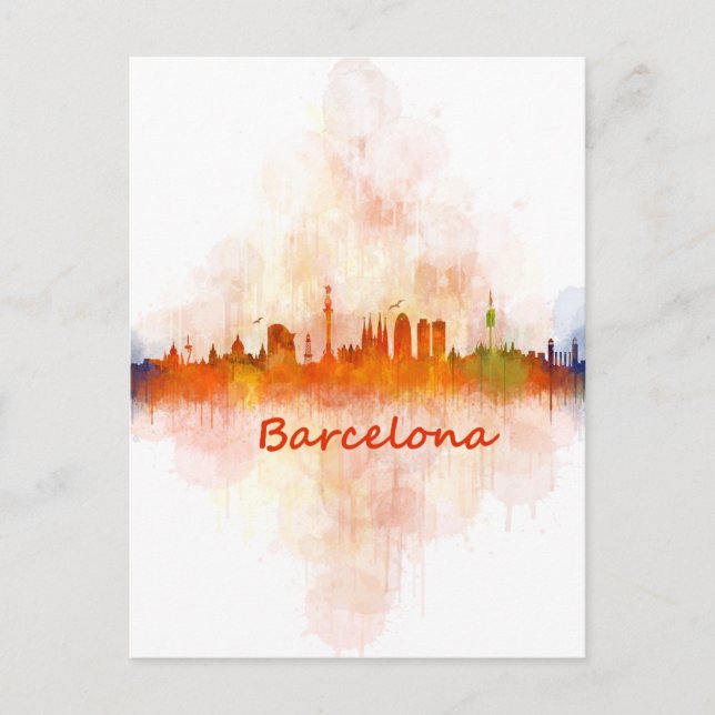 Postal acuarela del Skyline de Barcelona v04 (Anverso)