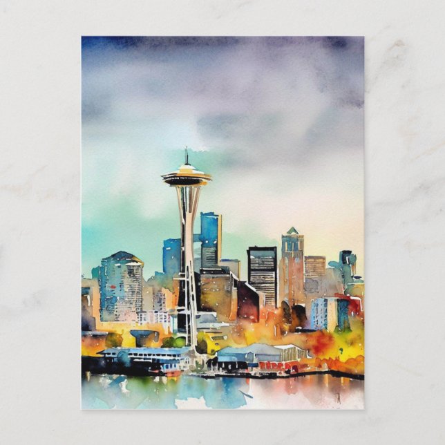 Postal acuarela del Skyline de Seattle Washington (Anverso)