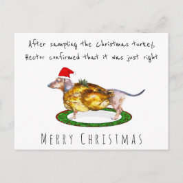 Postal Acuarela divertida Dachshund comía pavo Navidades
