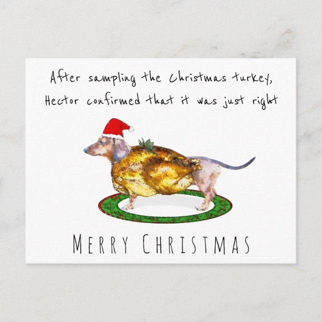 Postal Acuarela divertida Dachshund comía pavo Navidades (Anverso)