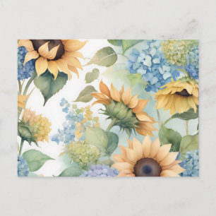 Postal Acuarela elegante de girasoles y hortensias