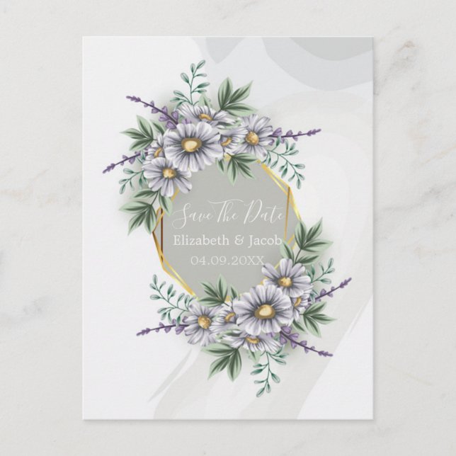Postal Acuarela Elegante Morado Floral Guardar la fecha (Anverso)