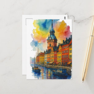 Postal Acuarela Estocolmo Suecia Ciudad Vieja Gamla Stan