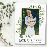 Postal Acuarela Eucalyptus Foto Guardar La Fecha<br><div class="desc">Moderna acuarela Eucalyptus Green Frame Save The Date Photo Engagement Invitación Postcard - Gold Frame</div>