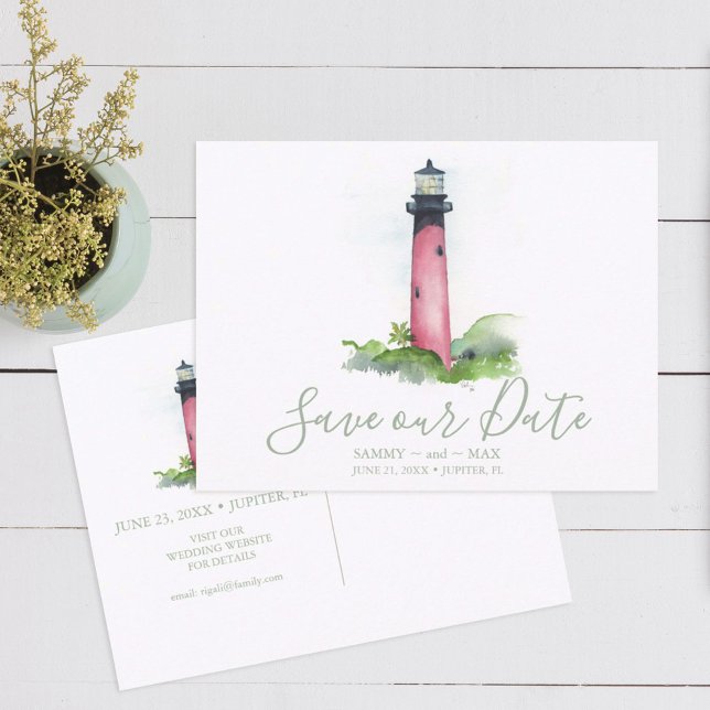 Postal Acuarela Faro Save the Date (Beach wedding save the date invitation ocean and lighthouse watercolor art by Victoria Grigaliunas)
