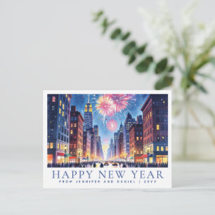 Postal Acuarela Feliz Año Nuevo Fuegos Artificiales de Nu