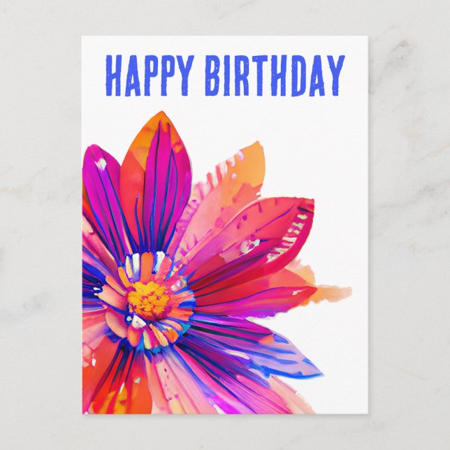 Postal Acuarela Flor rojo, Naranja y púrpura cumpleaños (Anverso)
