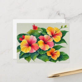 Postal Acuarela Flora Tropical Rojo Amarillo Hibiscus