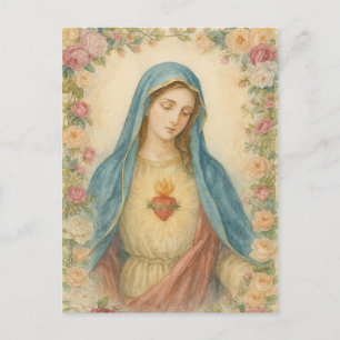 Postal Acuarela Floral Bendita Madre María Católica