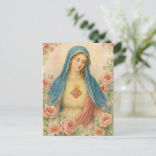 Postal Acuarela Floral Bendita Madre María Católica