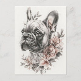 Postal Acuarela floral de Bulldog Francés
