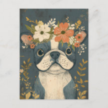 Acuarela floral de Bulldog Francés 