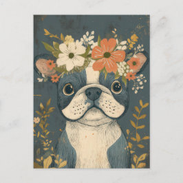 Postal Acuarela floral de Bulldog Francés