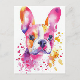 Postal Acuarela floral de Bulldog Francés