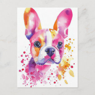 Postal Acuarela floral de Bulldog Francés 