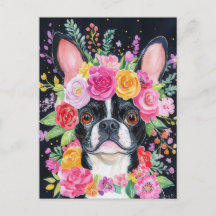 Acuarela floral de Bulldog Francés 