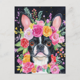 Postal Acuarela floral de Bulldog Francés