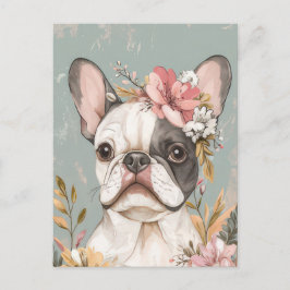 Postal Acuarela floral de Bulldog Francés