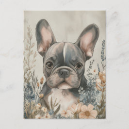 Postal Acuarela floral de Bulldog Francés
