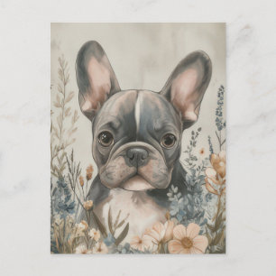 Postal Acuarela floral de Bulldog Francés