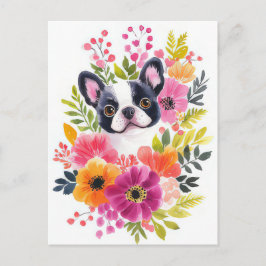 Postal Acuarela floral de Bulldog Francés