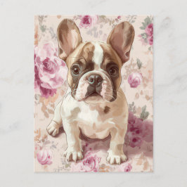 Postal Acuarela floral de Bulldog Francés