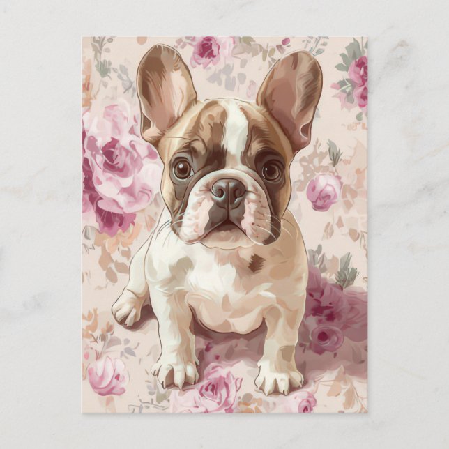 Postal Acuarela floral de Bulldog Francés  (Anverso)