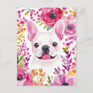Postal Acuarela floral de Bulldog Francés