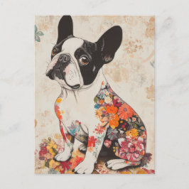 Postal Acuarela floral de Bulldog Francés