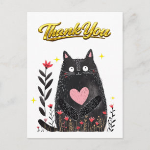 Postal Acuarela Floral Gato Negro con Corazón Gracias