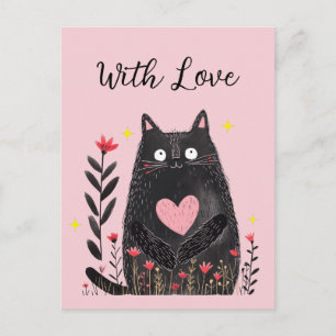 Postal Acuarela Floral Gato Negro Corazón Rosa Con Amor