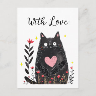 Postal Acuarela Floral Gato Negro Corazón Rosa Con Amor
