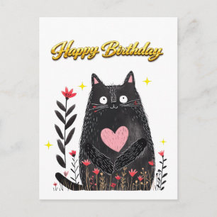 Postal Acuarela Floral Gato Negro Corazón Rosa Cumpleaños